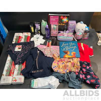 Asorted Lot of Childrens Clothing, Cosmetics, Toys and Christmas Wrapping Paper