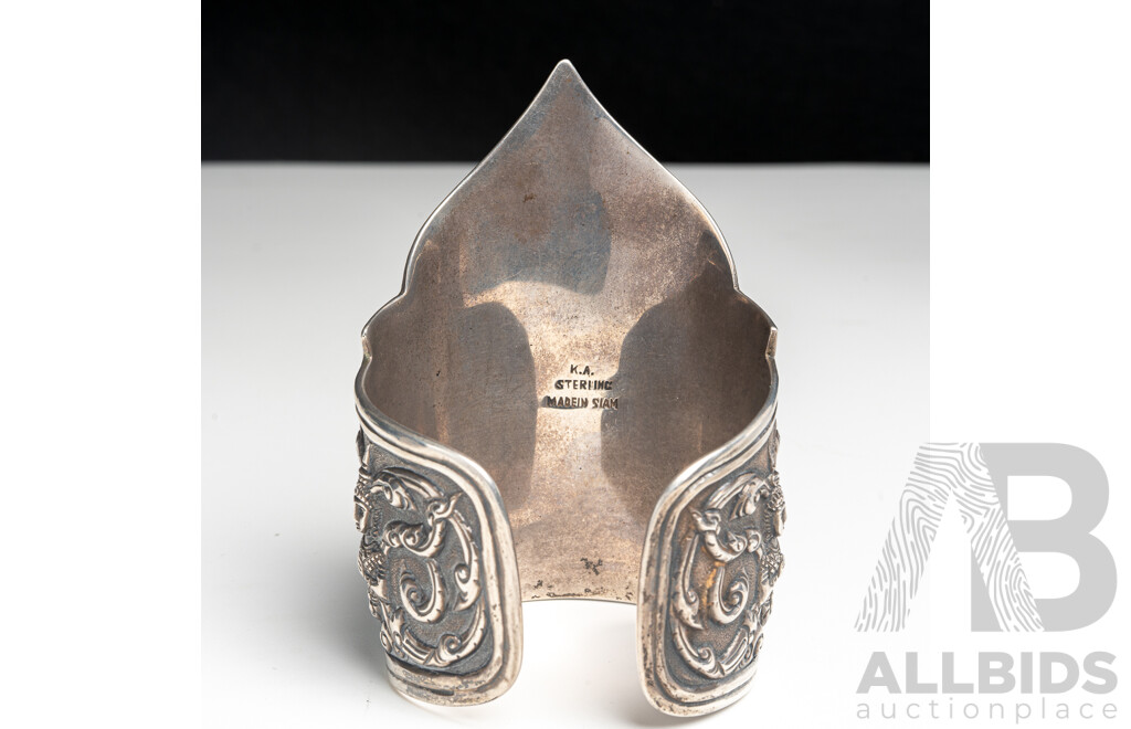 Vintage Elaborate Siam Sterling Silver Cuff Open Cuff Bangle, 59mm, 77.89 Grams
