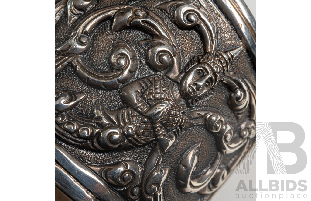 Vintage Elaborate Siam Sterling Silver Cuff Open Cuff Bangle, 59mm, 77.89 Grams