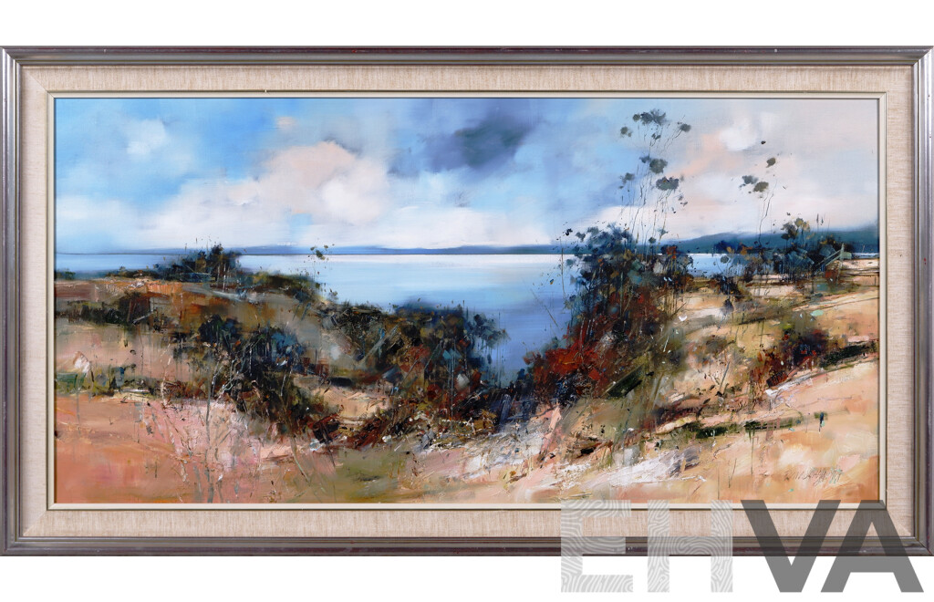 Peter Barraclough, (20th Century, Australian, 1938-2022), Towards Ulverstone, Tasmania, Oil on Canvas, 62 x 113 cm (frame)