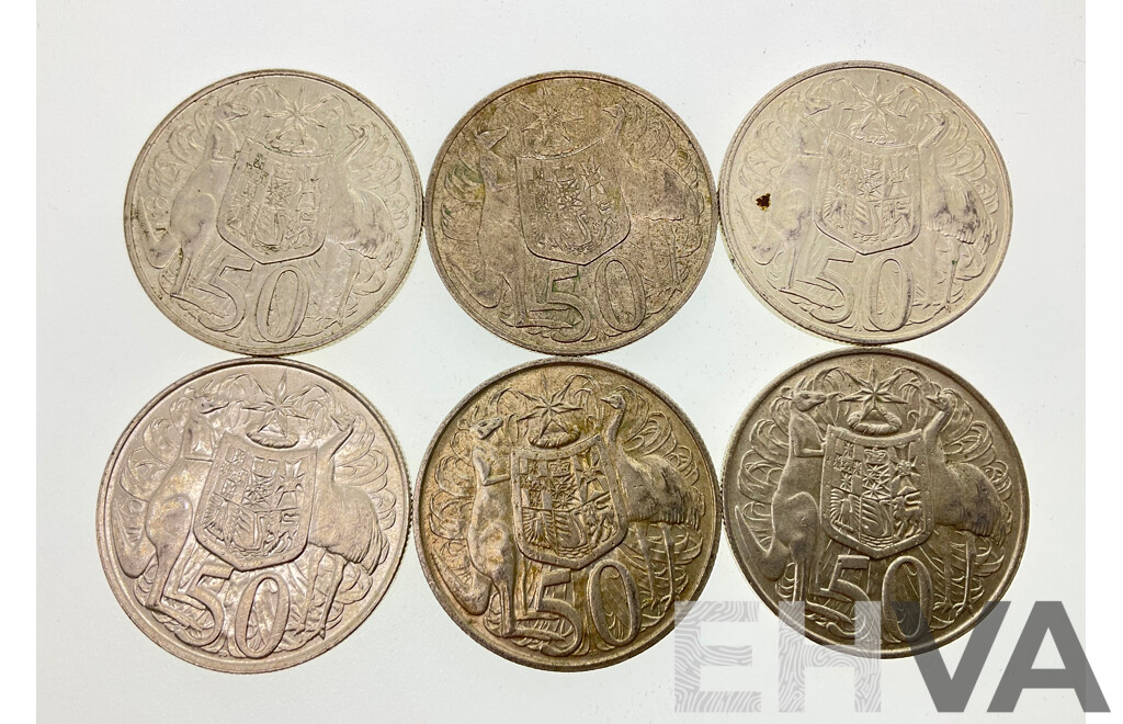 Six Australian 1966 Round Silver Fifty Cent Coins .800