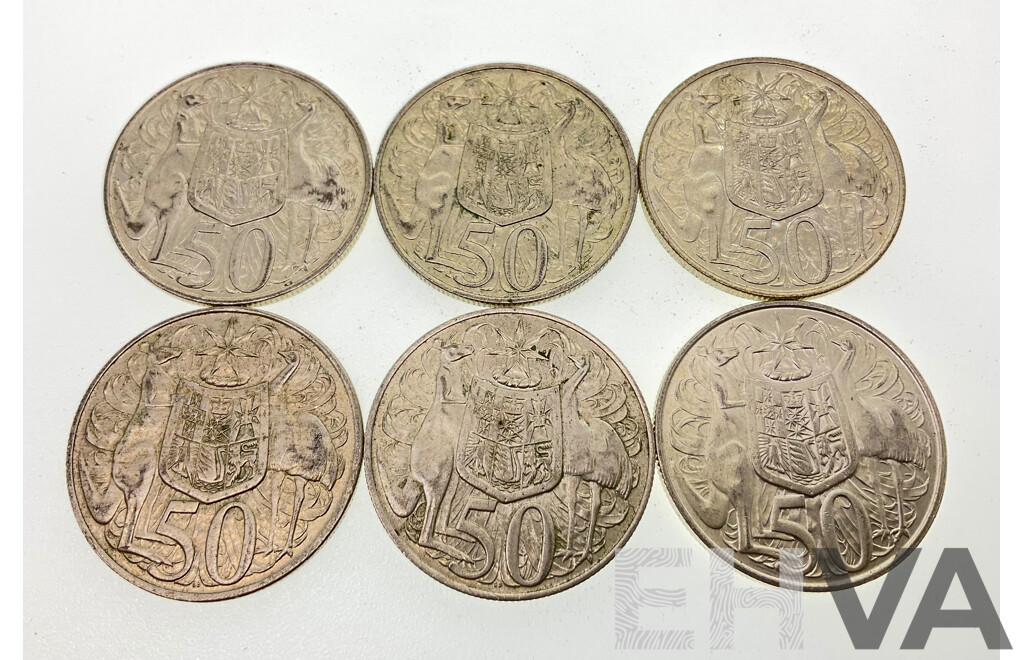 Six Australian 1966 Round Silver Fifty Cent Coins .800