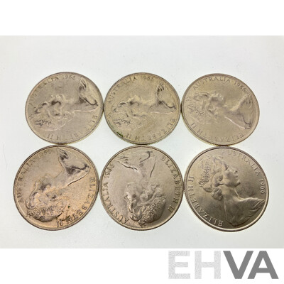 Six Australian 1966 Round Silver Fifty Cent Coins .800