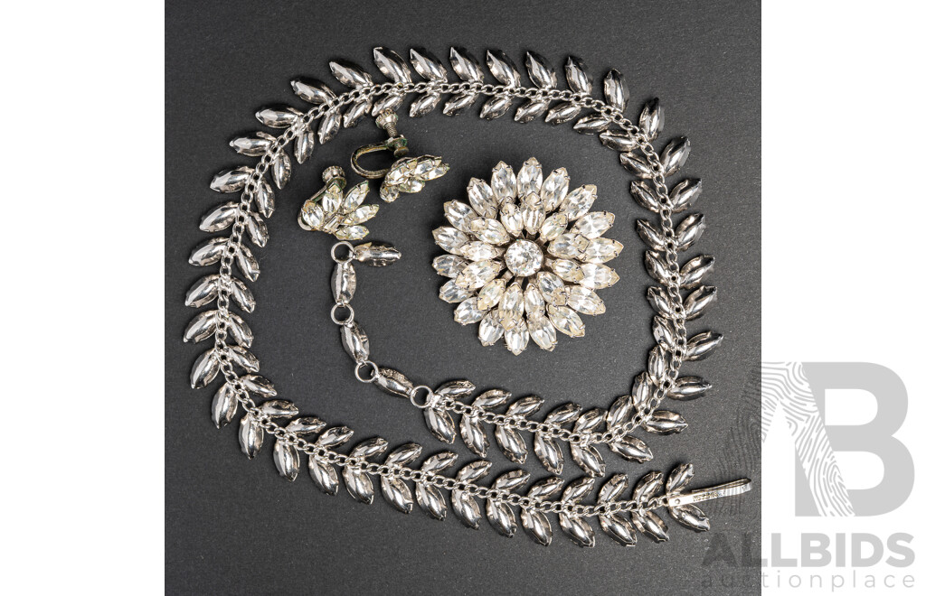 Vintage Simpson Diamonte Paste Stone Necklace, Brooch & Earrings Set