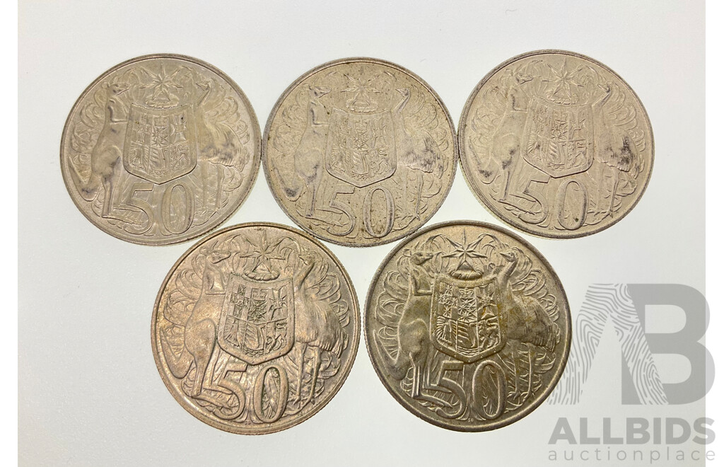 Five Australian 1966 Round Silver Fifty Cent Coins .800