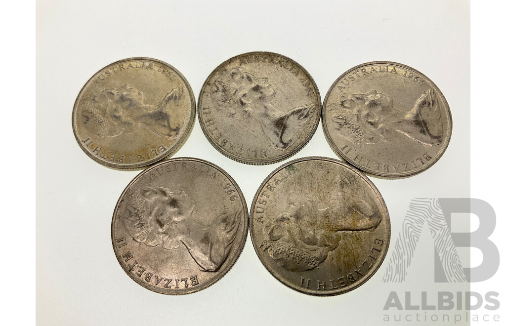 Five Australian 1966 Round Silver Fifty Cent Coins .800
