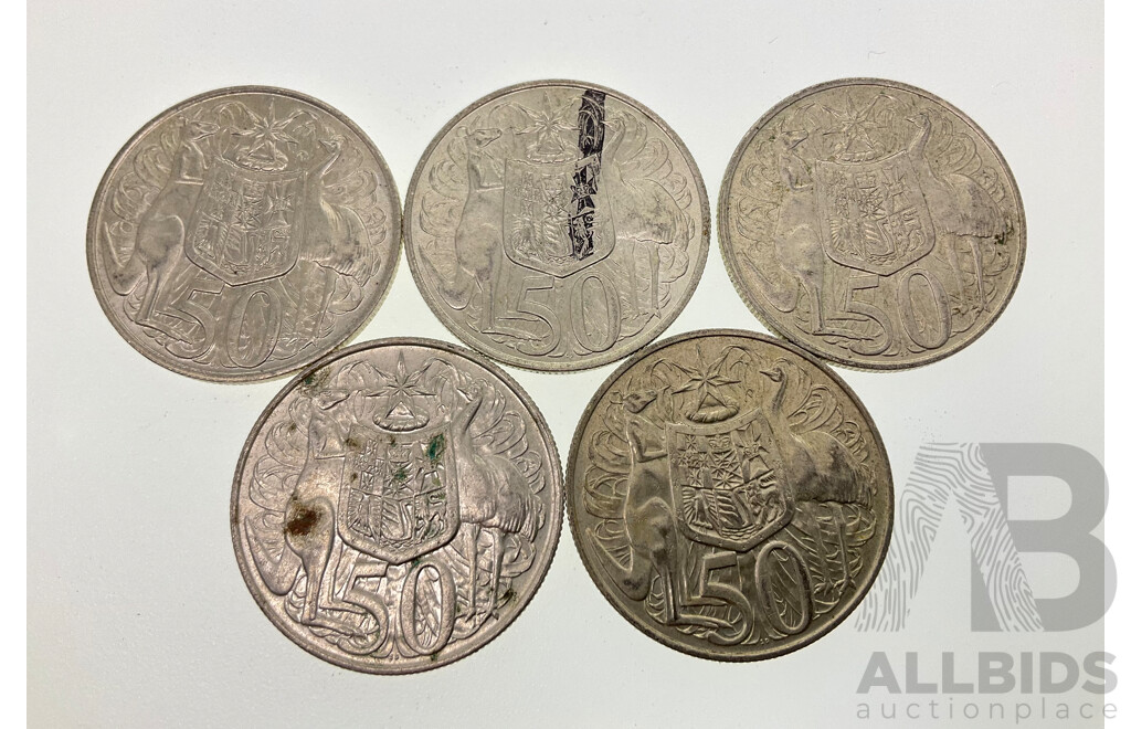 Five Australian 1966 Round Silver Fifty Cent Coins .800