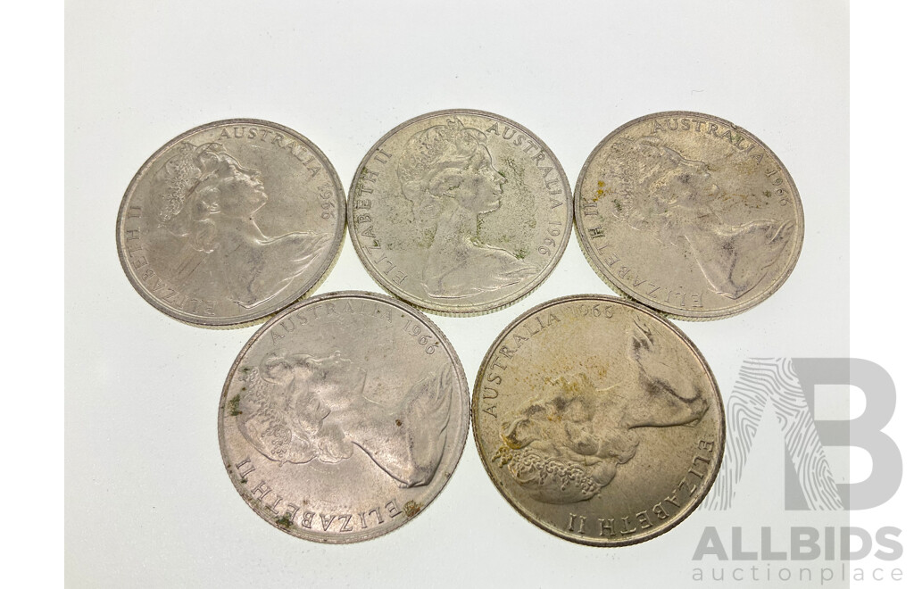 Five Australian 1966 Round Silver Fifty Cent Coins .800