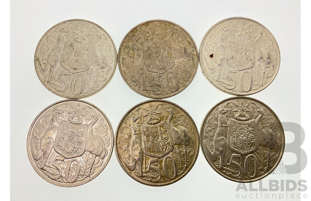 Six Australian 1966 Round Silver Fifty Cent Coins .800