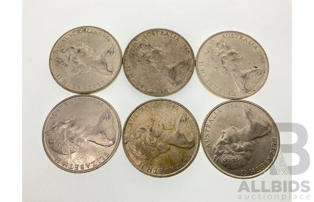 Six Australian 1966 Round Silver Fifty Cent Coins .800