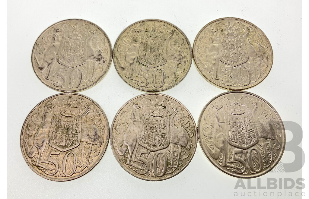 Six Australian 1966 Round Silver Fifty Cent Coins .800