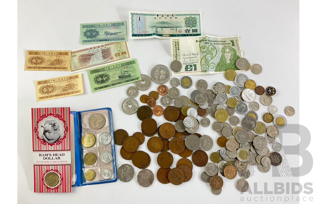 Collection of International Currency Including Australian Pennies/Half Pennies 1921-1964 2011 Ram's Head Dollar, China 1980 UNC Coin Wallet New Guinea, New Zealand, UK Malaysia, Hong Kong, Ireland