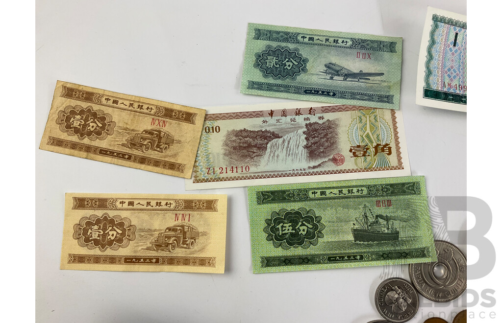 Collection of International Currency Including Australian Pennies/Half Pennies 1921-1964 2011 Ram's Head Dollar, China 1980 UNC Coin Wallet New Guinea, New Zealand, UK Malaysia, Hong Kong, Ireland