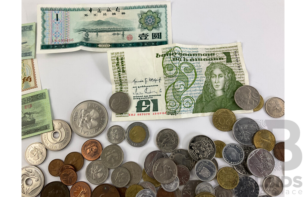 Collection of International Currency Including Australian Pennies/Half Pennies 1921-1964 2011 Ram's Head Dollar, China 1980 UNC Coin Wallet New Guinea, New Zealand, UK Malaysia, Hong Kong, Ireland