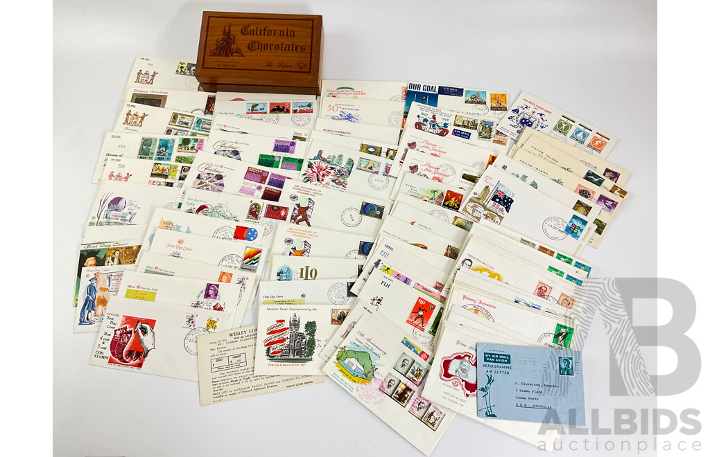 Collection of 1969-1970 First Day Covers Including Australia, New Zealand, Papua New Guinea, Fiji, Norfolk Island, Cocos Islands with Timber California Chocolates Box