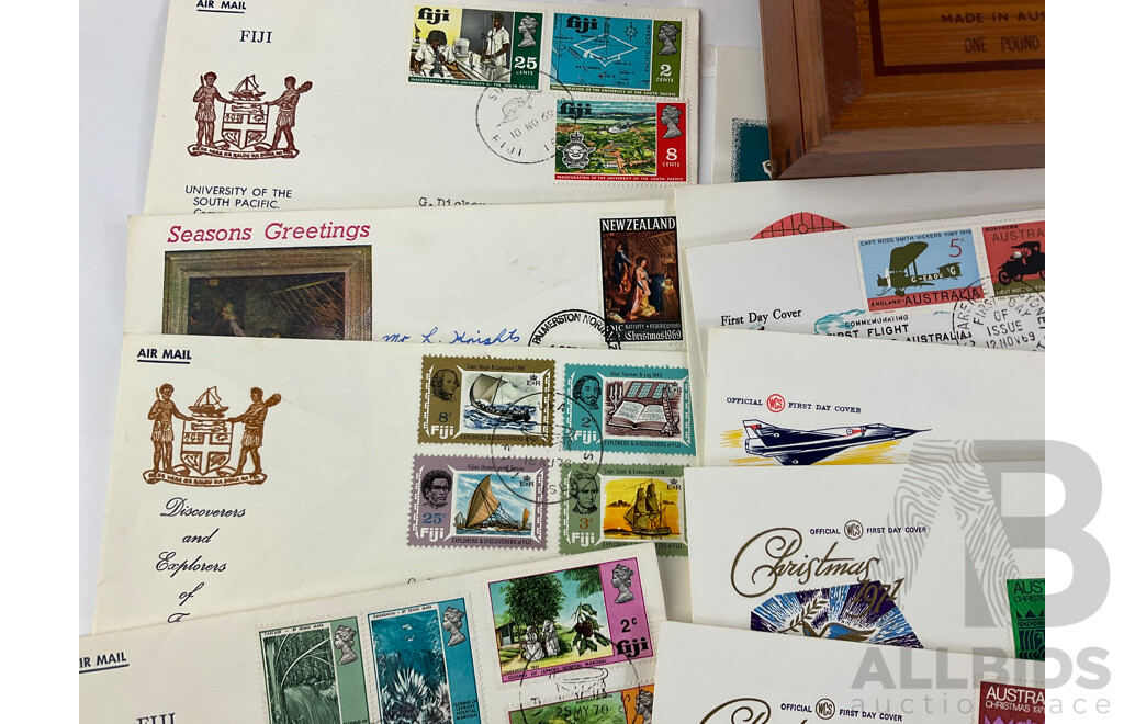 Collection of 1969-1970 First Day Covers Including Australia, New Zealand, Papua New Guinea, Fiji, Norfolk Island, Cocos Islands with Timber California Chocolates Box
