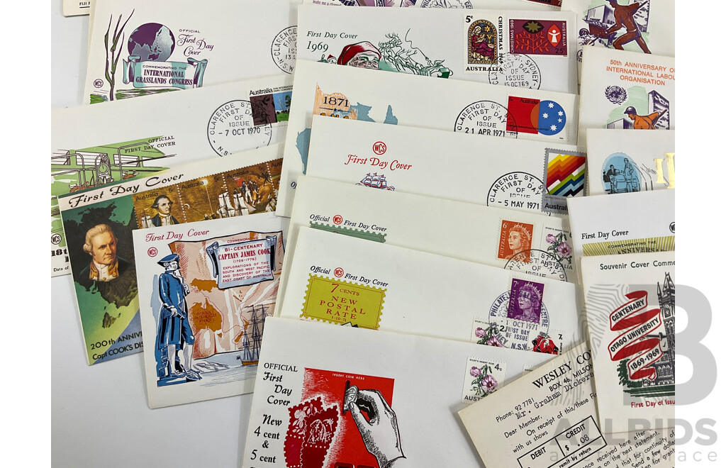 Collection of 1969-1970 First Day Covers Including Australia, New Zealand, Papua New Guinea, Fiji, Norfolk Island, Cocos Islands with Timber California Chocolates Box