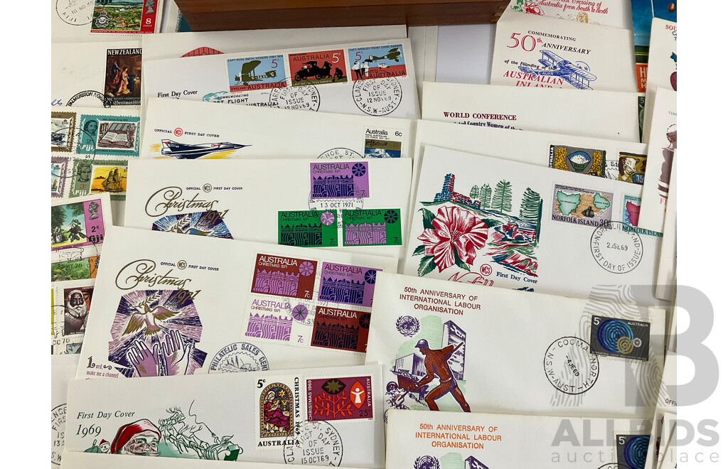 Collection of 1969-1970 First Day Covers Including Australia, New Zealand, Papua New Guinea, Fiji, Norfolk Island, Cocos Islands with Timber California Chocolates Box