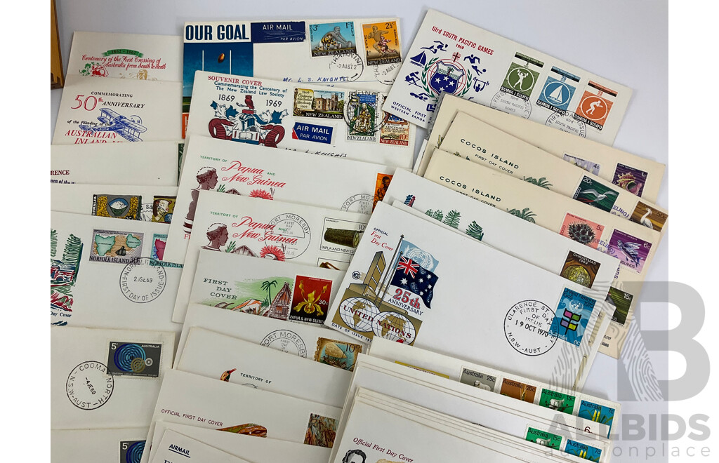 Collection of 1969-1970 First Day Covers Including Australia, New Zealand, Papua New Guinea, Fiji, Norfolk Island, Cocos Islands with Timber California Chocolates Box