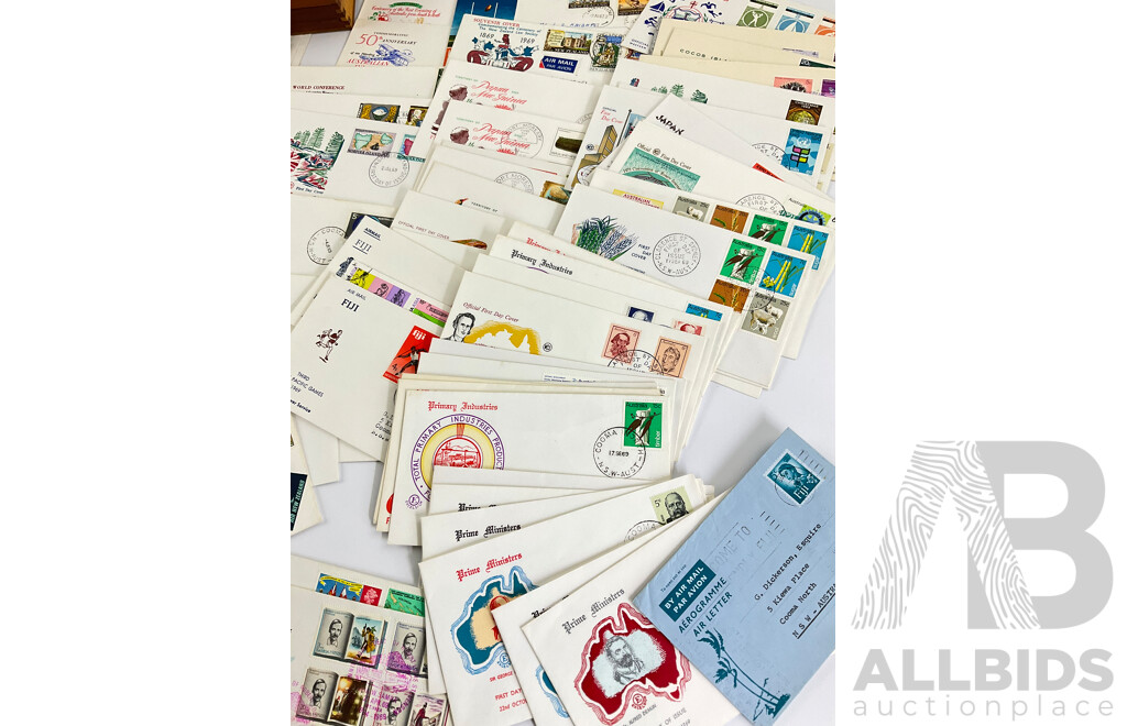 Collection of 1969-1970 First Day Covers Including Australia, New Zealand, Papua New Guinea, Fiji, Norfolk Island, Cocos Islands with Timber California Chocolates Box