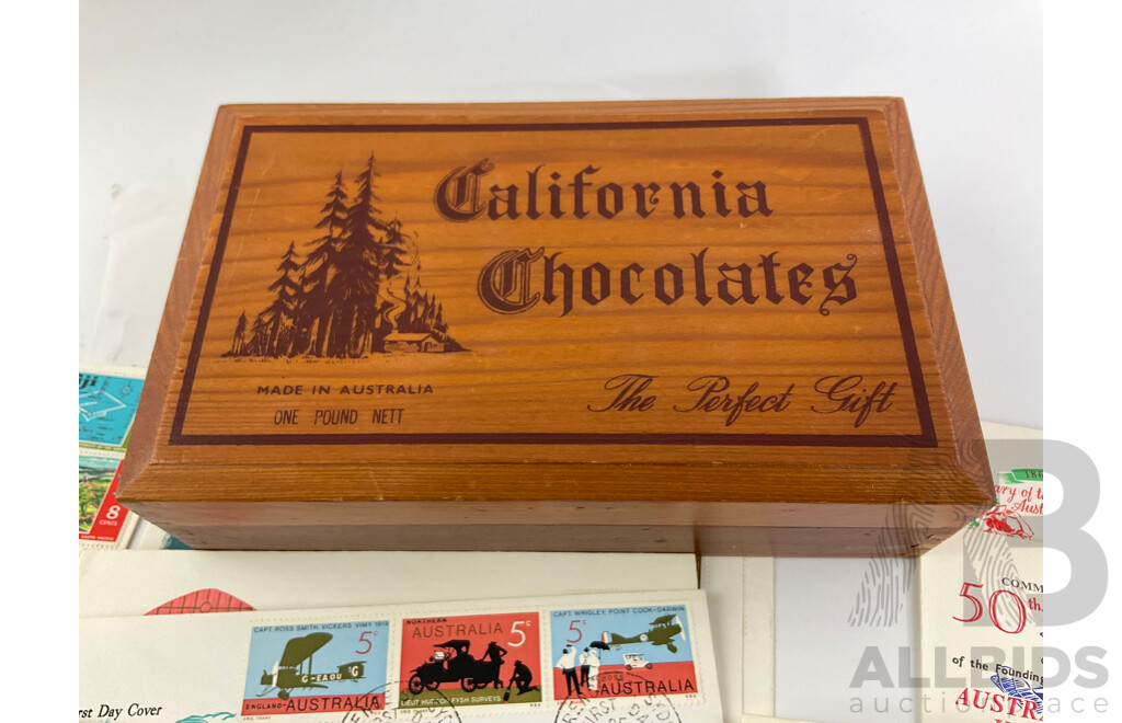 Collection of 1969-1970 First Day Covers Including Australia, New Zealand, Papua New Guinea, Fiji, Norfolk Island, Cocos Islands with Timber California Chocolates Box