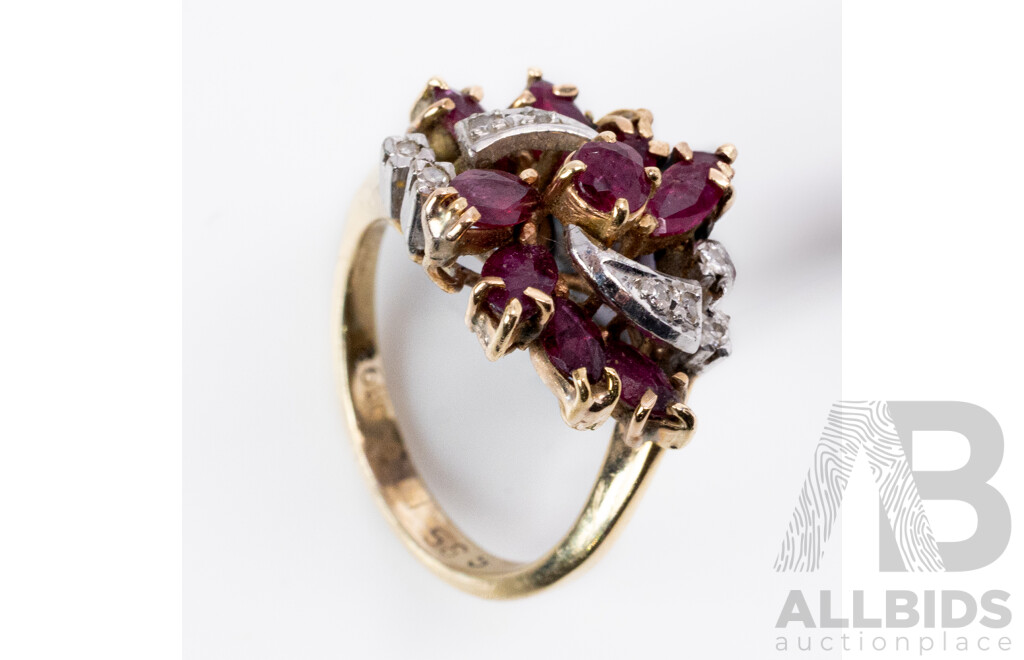 14ct Diamond & Ruby Cluster Ring, Est TDW 0.05ct, Size I, 4.17 Grams
