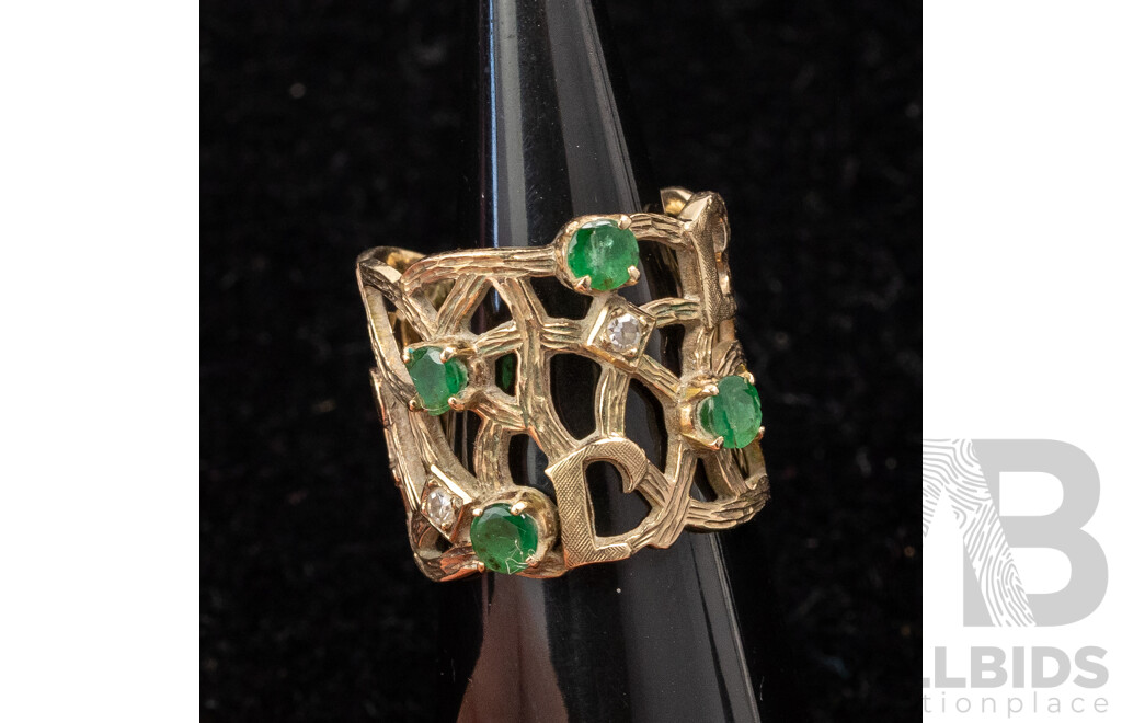 9ct Handmade Wide Ring with Emeralds, Diamonds & J Motifs, Size K, 5.91 Grams