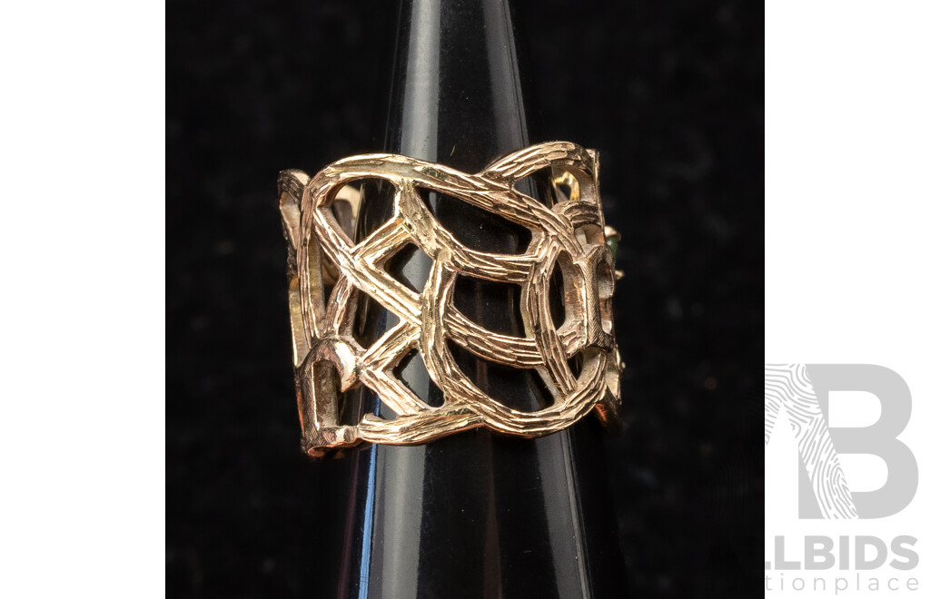 9ct Handmade Wide Ring with Emeralds, Diamonds & J Motifs, Size K, 5.91 Grams