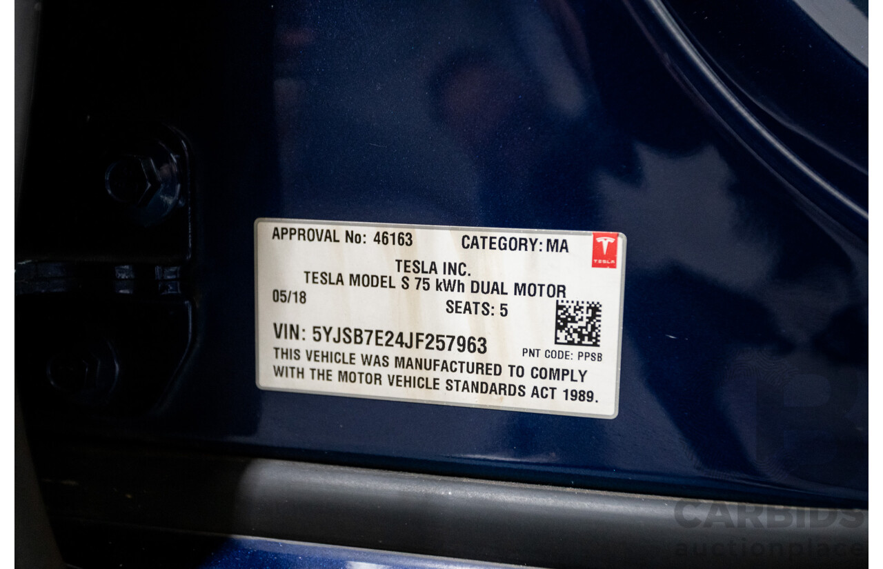 5/2018 Tesla Model S 75D Dual Motor (AWD) 4d Hatchback Deep Blue Metallic Dedicated Electric EV 245kw