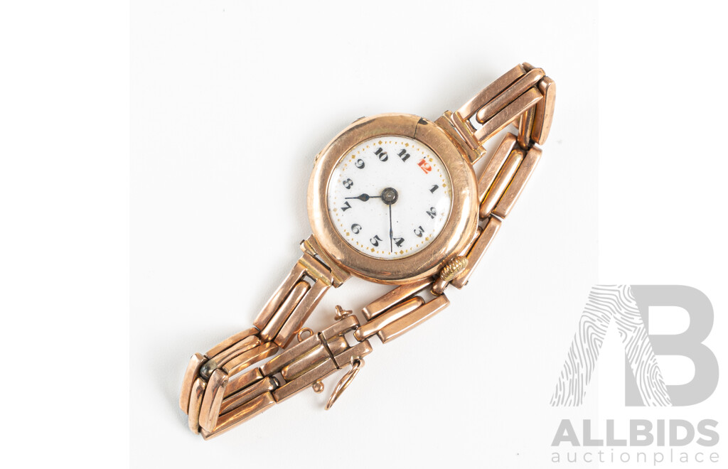 9ct Antique Swiss Rose Gold Ladies Watch with 9ct Wrist Band, 25mm Casing, Observed with Movement, 18.96 Grams