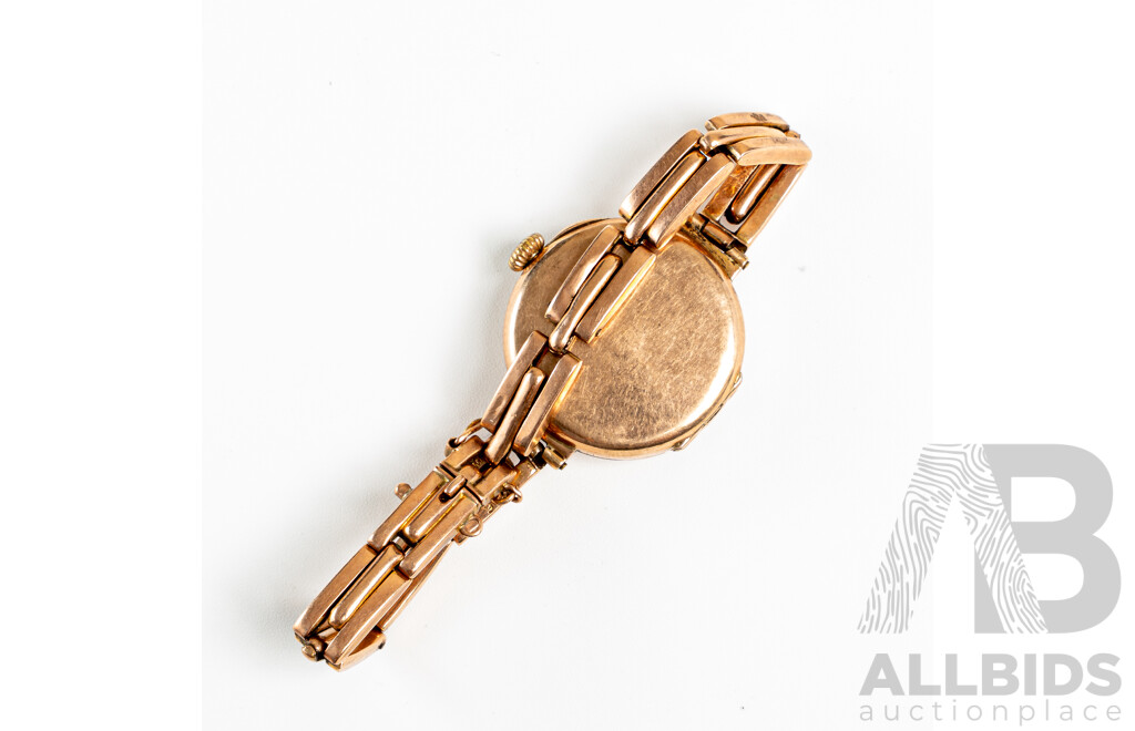 9ct Antique Swiss Rose Gold Ladies Watch with 9ct Wrist Band, 25mm Casing, Observed with Movement, 18.96 Grams