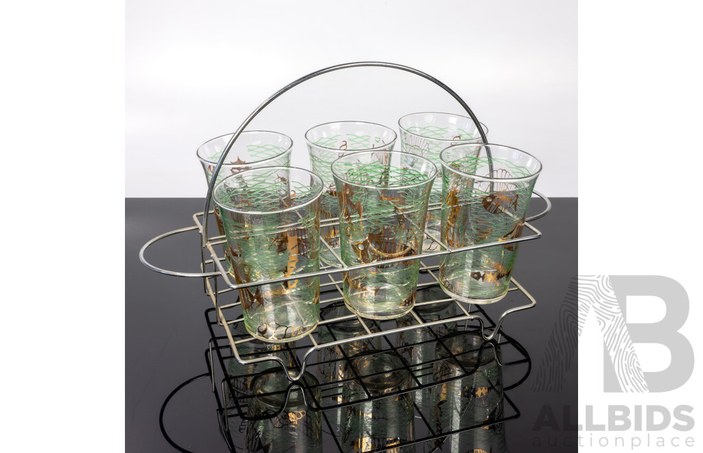 Set Six Mid Century Tumblers with Fish Themed Decoration in Wire Tray