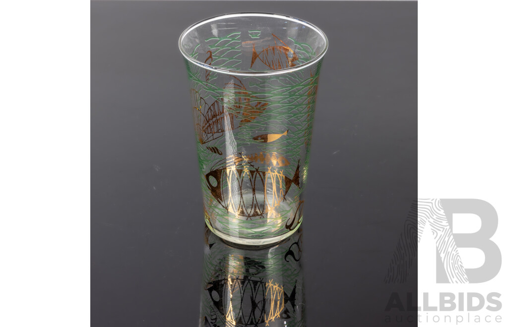 Set Six Mid Century Tumblers with Fish Themed Decoration in Wire Tray