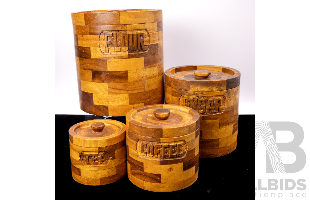 Set Four Specimen Wood Graduating Lidded Kitchen Canisters