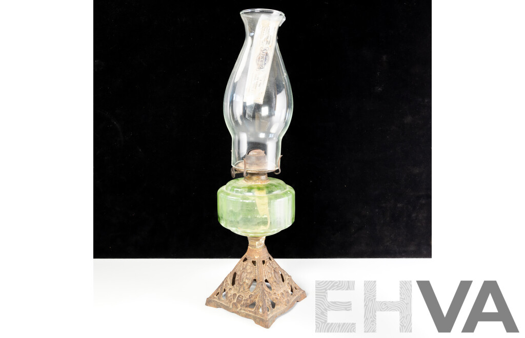 Antique Eagle Oil Lamp with Depression Glass Font, Cast Iron Base and Glass Flue