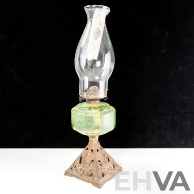 Antique Eagle Oil Lamp with Depression Glass Font, Cast Iron Base and Glass Flue