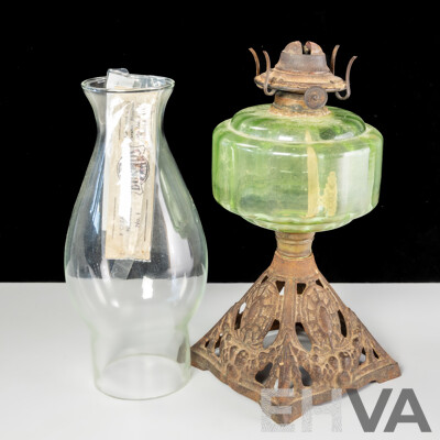 Antique Eagle Oil Lamp with Depression Glass Font, Cast Iron Base and Glass Flue