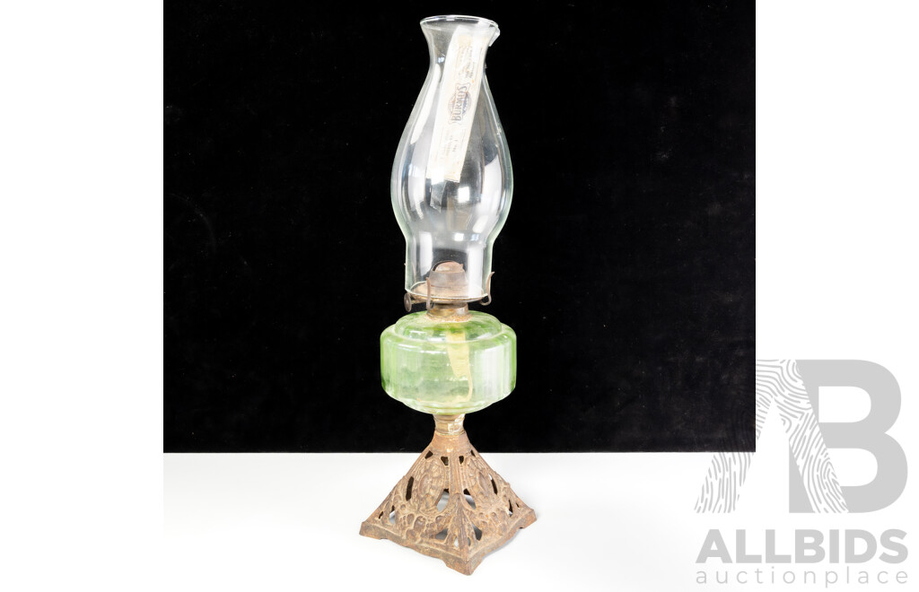 Antique Eagle Oil Lamp with Depression Glass Font, Cast Iron Base and Glass Flue