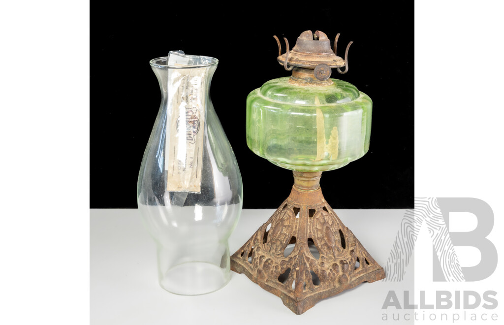 Antique Eagle Oil Lamp with Depression Glass Font, Cast Iron Base and Glass Flue