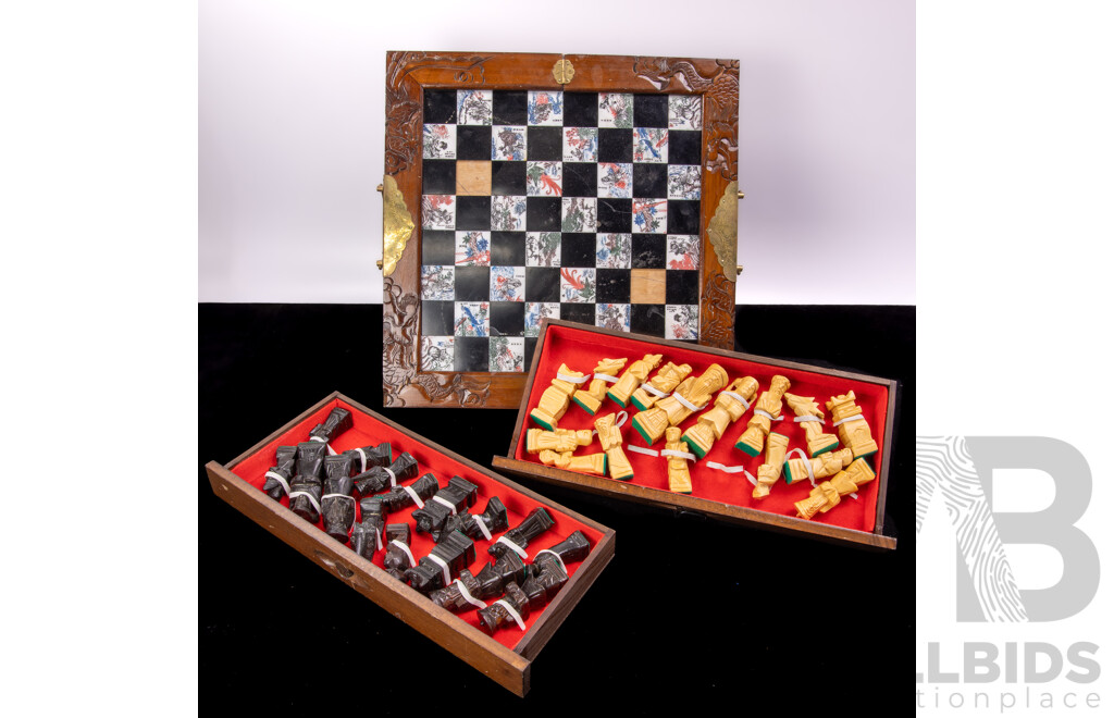 Vintage Chinese Fold Out Chess Set with Complete Set Wooden Pieces