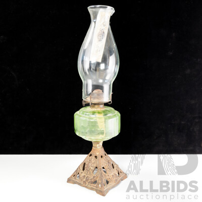 Antique Eagle Oil Lamp with Depression Glass Font, Cast Iron Base and Glass Flue