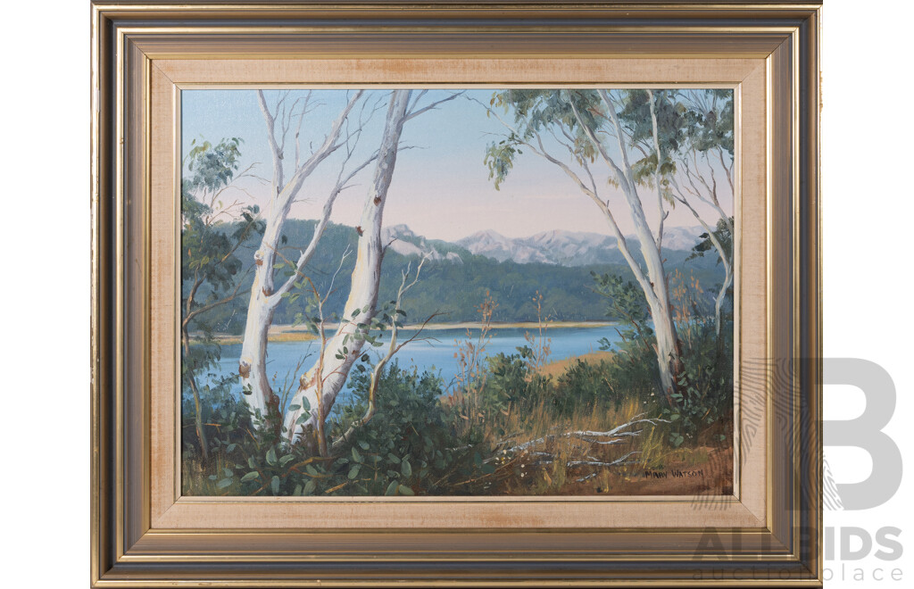 Mary Watson, (20th Century, Australian), Gum Trees, Still Water, Vintage Oil on Canvas, 53 x 66 cm (frame)