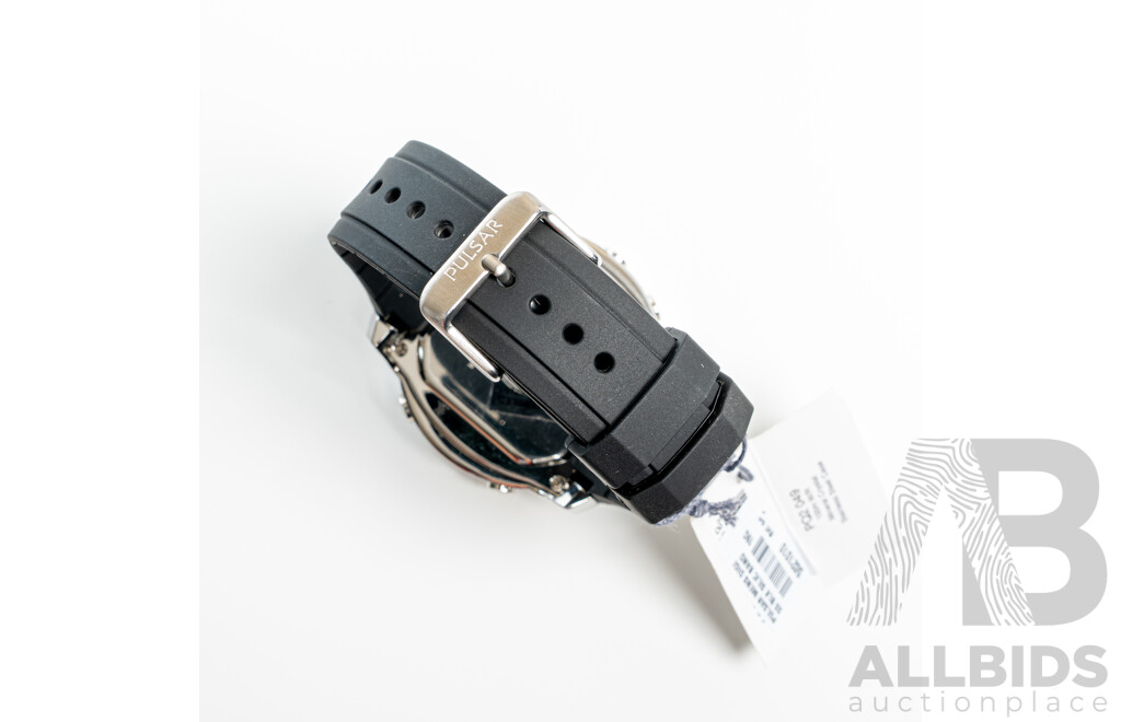Pulsar Mens Digital 100m WR Watch Black Stainless Steel Silicone Band, PQ2 049, as New in Original Presentation Box