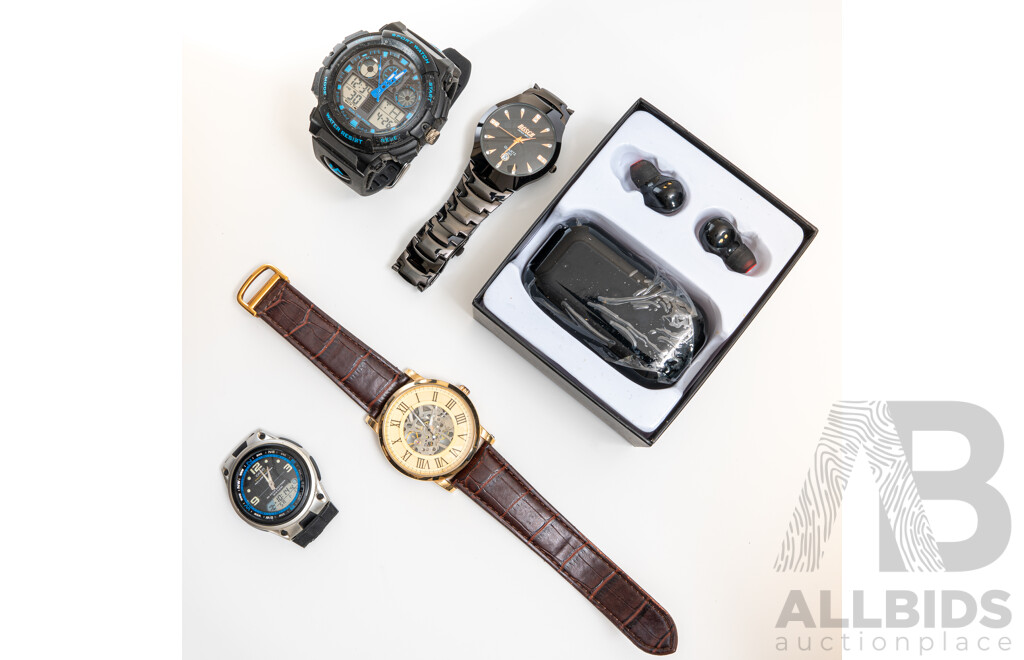 G6S PLAY Wireless Earphones with Charger Port and Two Mens Watches