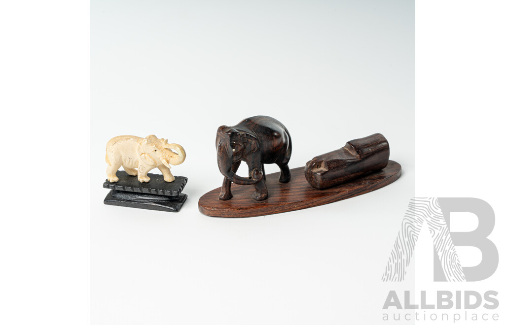Vintage Hand Carved Ivory Elephant Figure on Wooden Stand Along with Hand Carved Ebony Elephant Figure