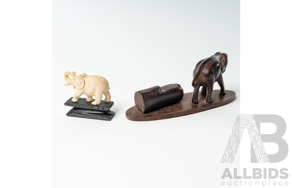 Vintage Hand Carved Ivory Elephant Figure on Wooden Stand Along with Hand Carved Ebony Elephant Figure