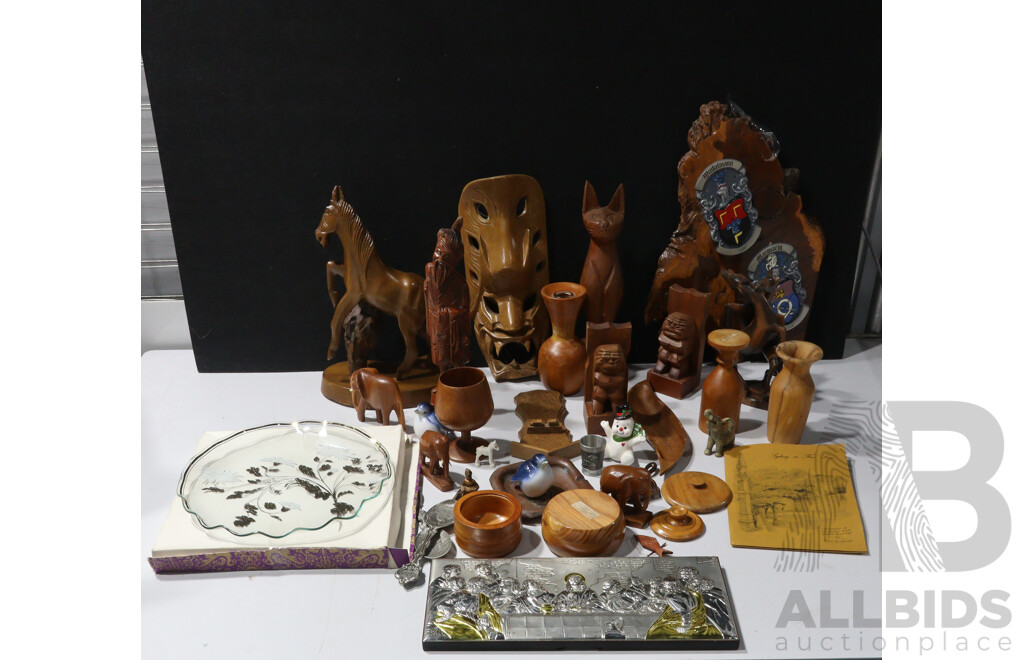 Collection Decorator Items Including Tassie Huon Pine, Sasaffras Treen, Silver Plated Icon, Macasser Ebony Horse Figures, Other Wooden Figures and More