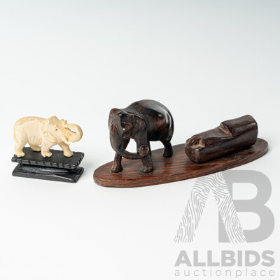 Vintage Hand Carved Ivory Elephant Figure on Wooden Stand Along with Hand Carved Ebony Elephant Figure