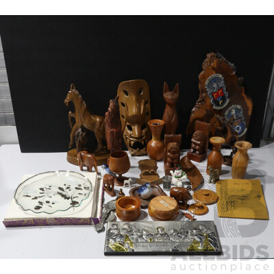 Collection Decorator Items Including Tassie Huon Pine, Sasaffras Treen, Silver Plated Icon, Macasser Ebony Horse Figures, Other Wooden Figures and More