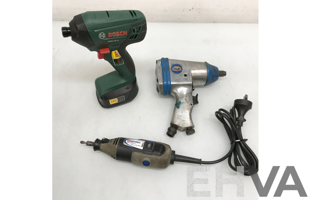 Bosch Cordless Impact Driver, SCA Air Tool Kit, and Dremel Multi Pro Rotary Tool - Lot of 3